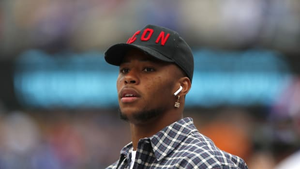Oct 6, 2019; East Rutherford, NJ, USA; New York Giants running back Saquon Barkley on the sidelines during warm up before the game against the Minnesota Vikings at MetLife Stadium.